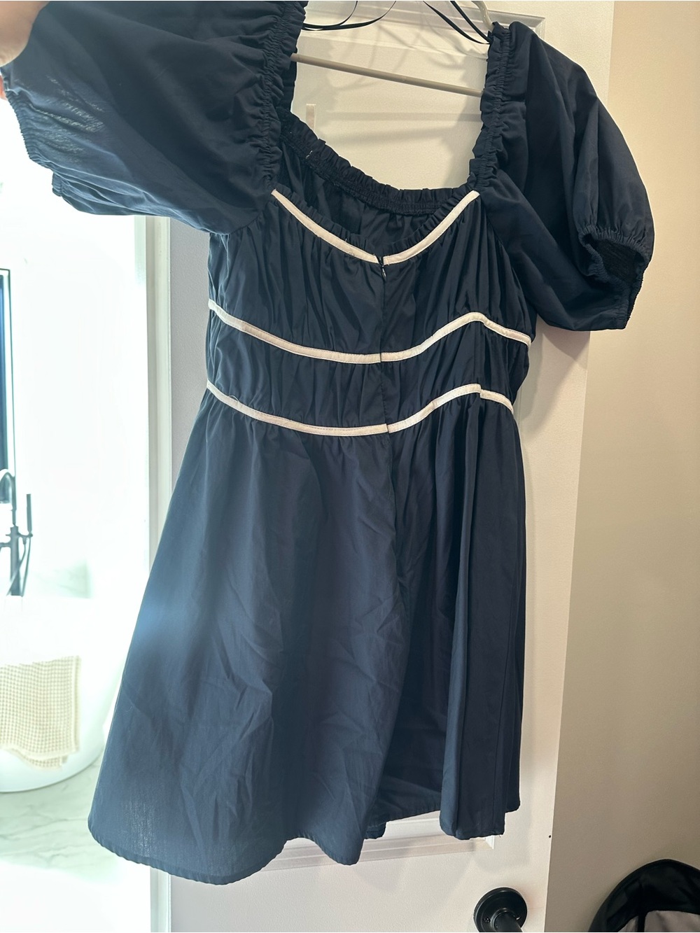 Navy Puff-Sleeve Mini Dress with White Trim - Picture 3 of 3